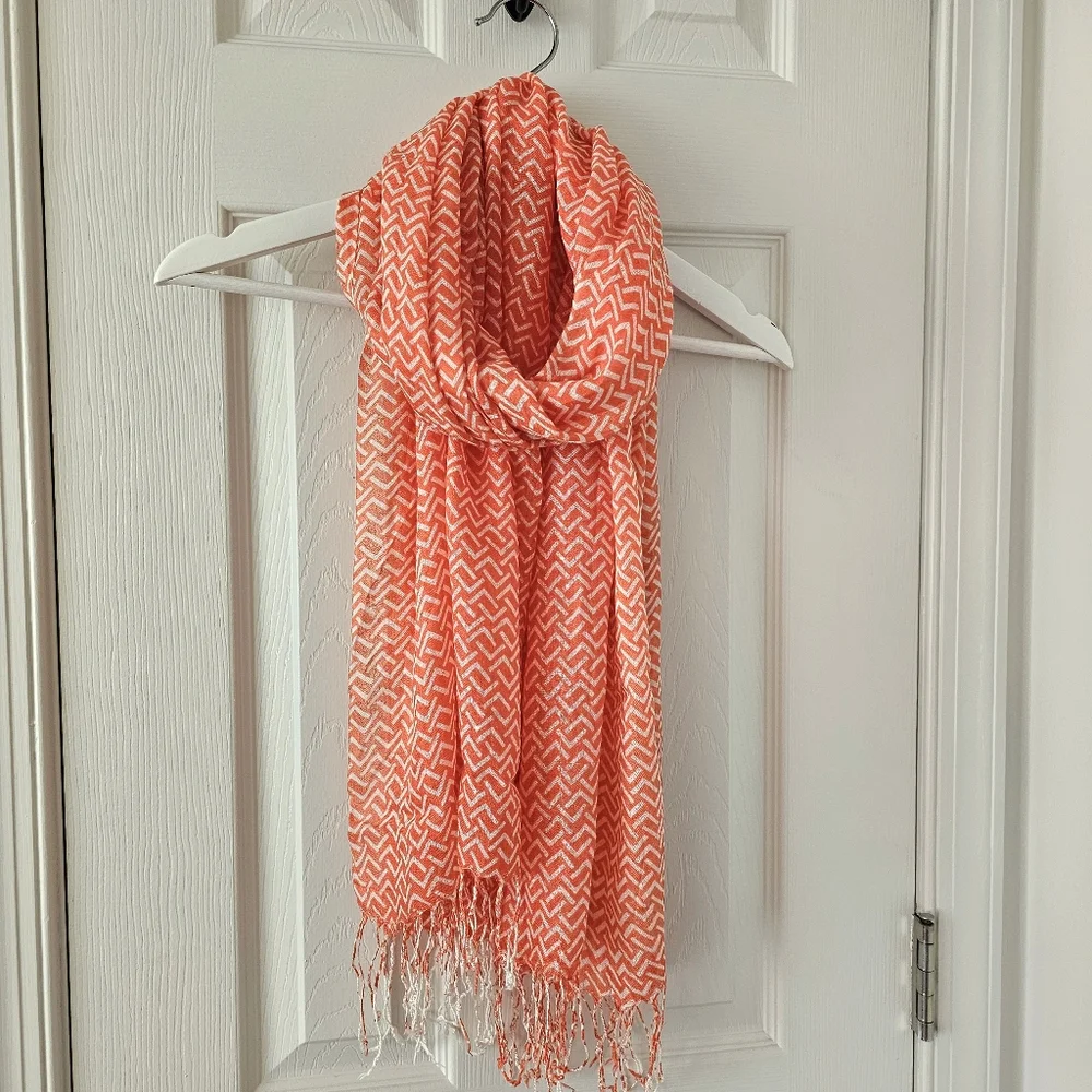 Boho Geometric Scarf Bright Modern Orange White Lightweight Fringe Summer Wrap